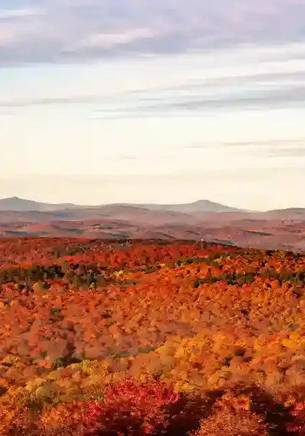 A wide view of rolling hills covered in vibrant autumn foliage in shades of red, orange, and yellow, under a partly cloudy sky with distant mountains on the horizon.