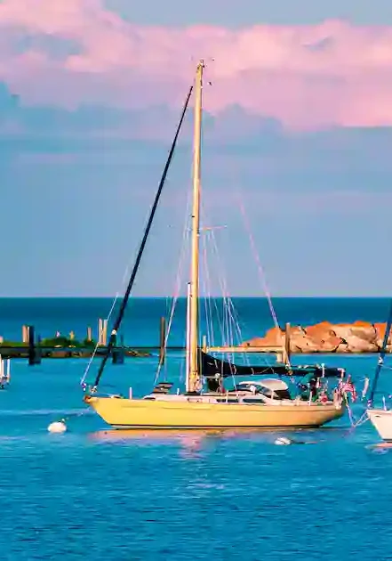 Sailboats and motorboats float on calm blue water near a rocky pier, with a tree on the left and pink clouds in the sky, creating a peaceful harbor scene.